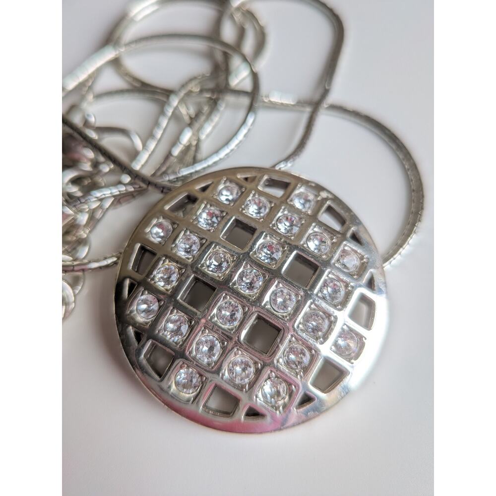 Brighton BONJOUR Silver Tone Round Pendant Long Necklace w/ Rhinestones 32-34in